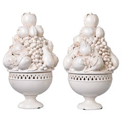 Pair Large New Italian Lidded White Ceramic Fruit Garniture Bowls