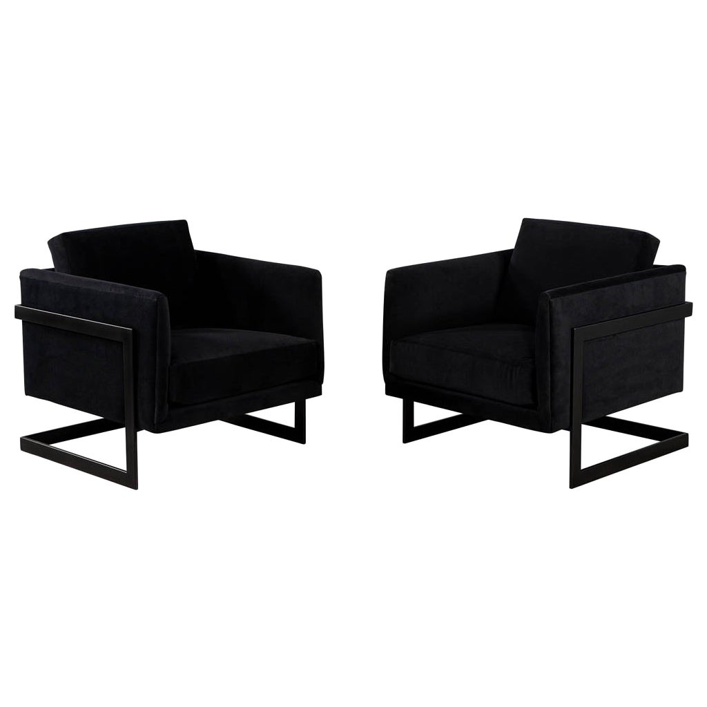 Pair of Custom Black Velvet Lounge Chairs with Black Metal Frames by Carrocel For Sale