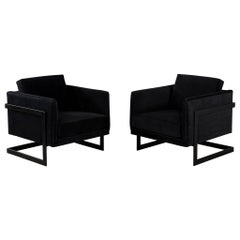 Pair of Custom Black Velvet Lounge Chairs with Black Metal Frames by Carrocel