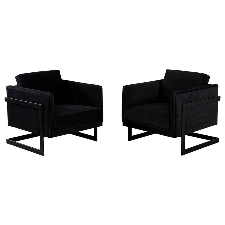 Pair of Custom Black Velvet Lounge Chairs with Black Metal Frames by