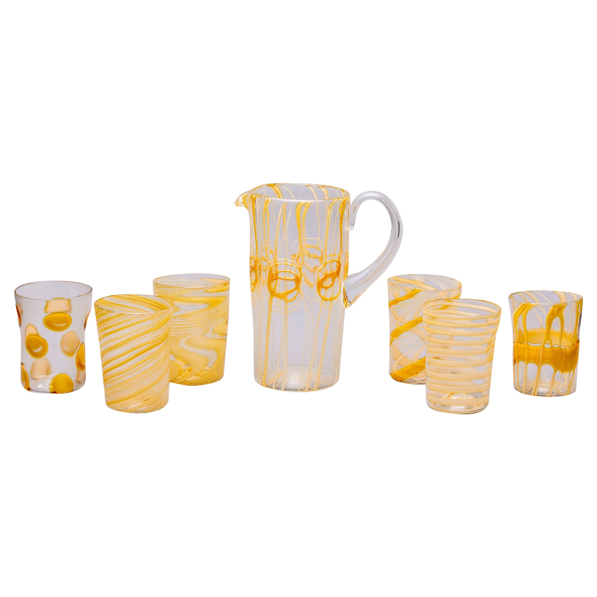 New Murano Glass Gold Streaked Pitcher and Six Glasses For Sale