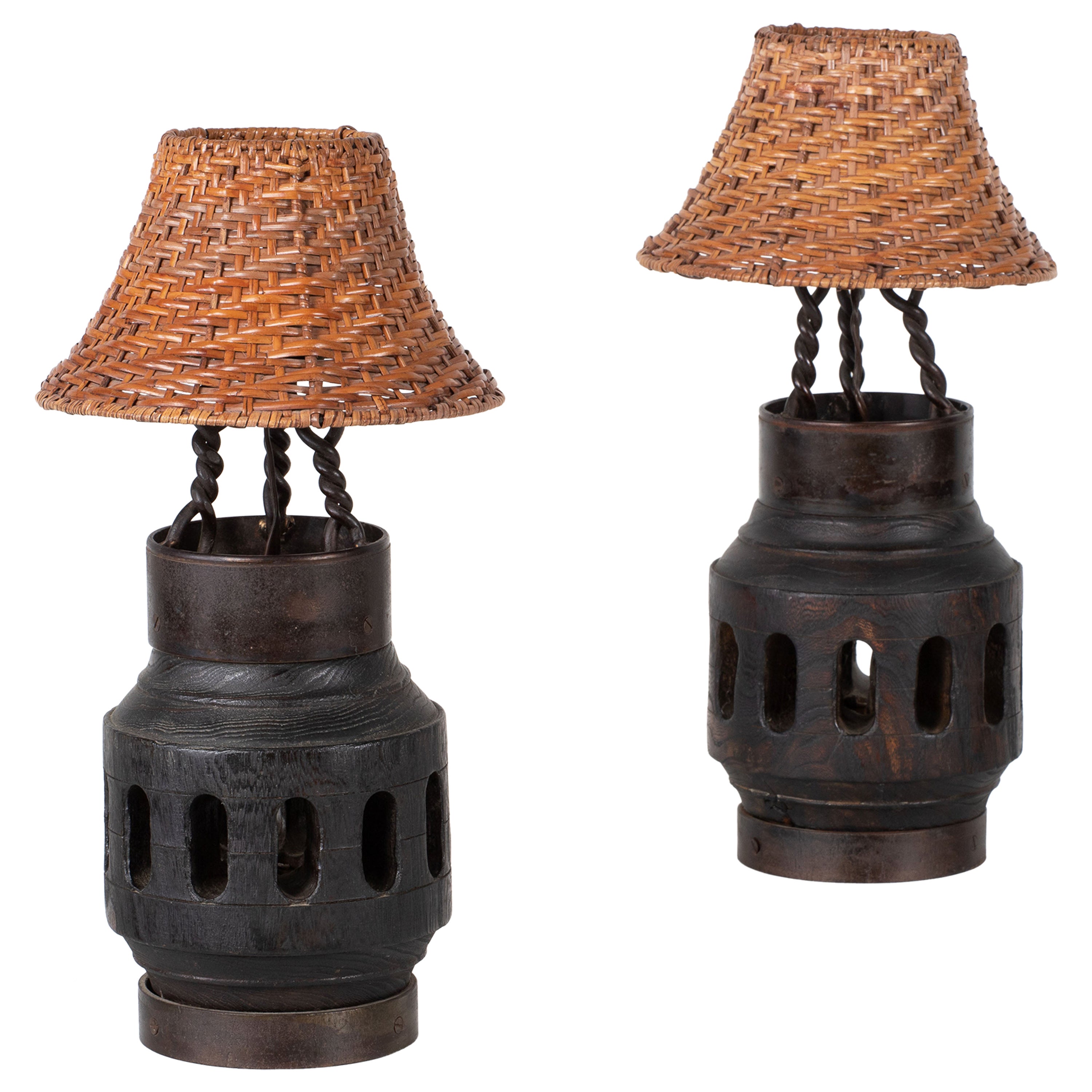 XIX-Century Table Lamp from an old cart wheel hub, France, a Pair