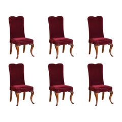 Set of 6 Italian Q. Anne Style Shaped Walnut & Upholstered Dining Chairs, 19thc