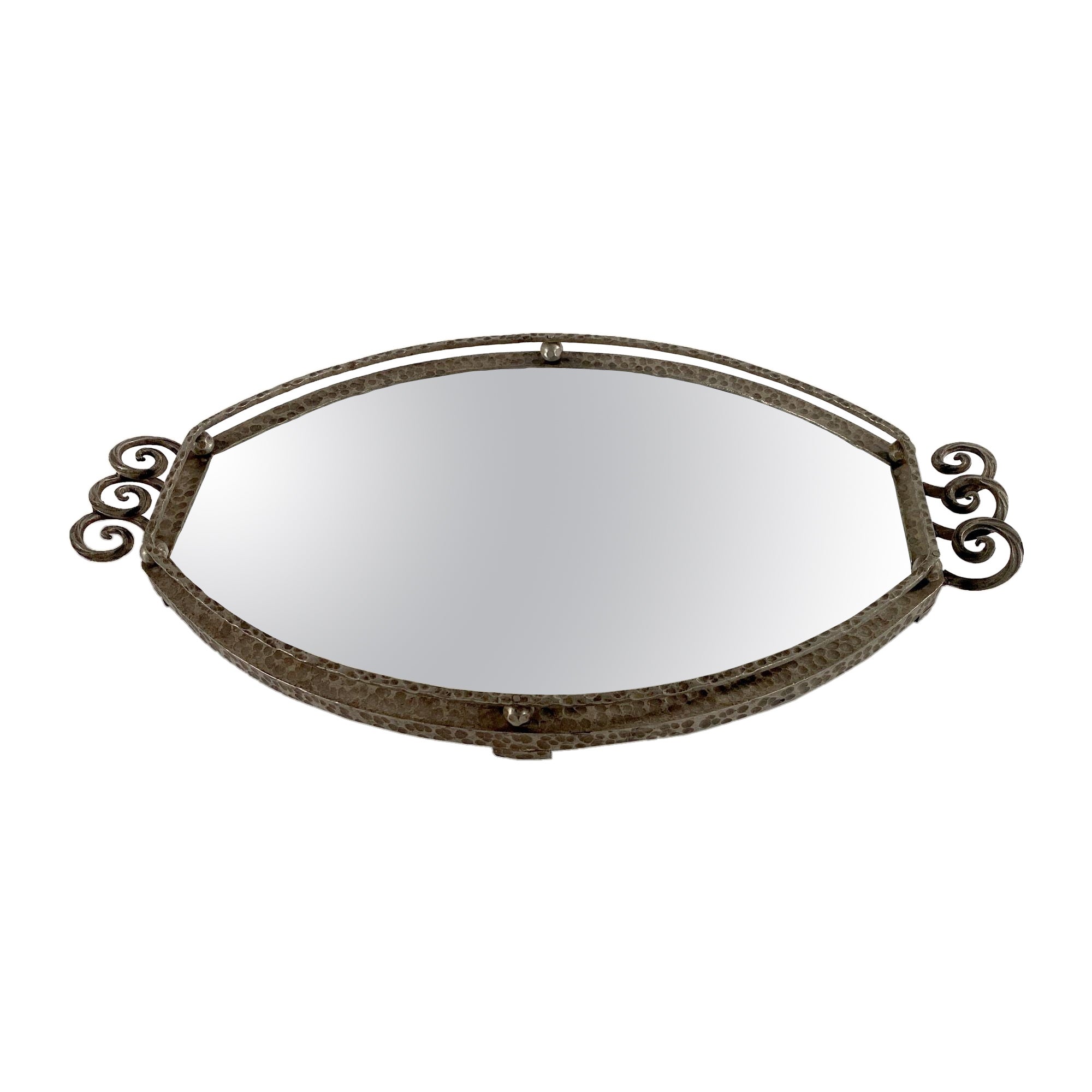 French, Art Deco Hand Hammered Steel and Mirror Tray, Raymond Subes For Sale