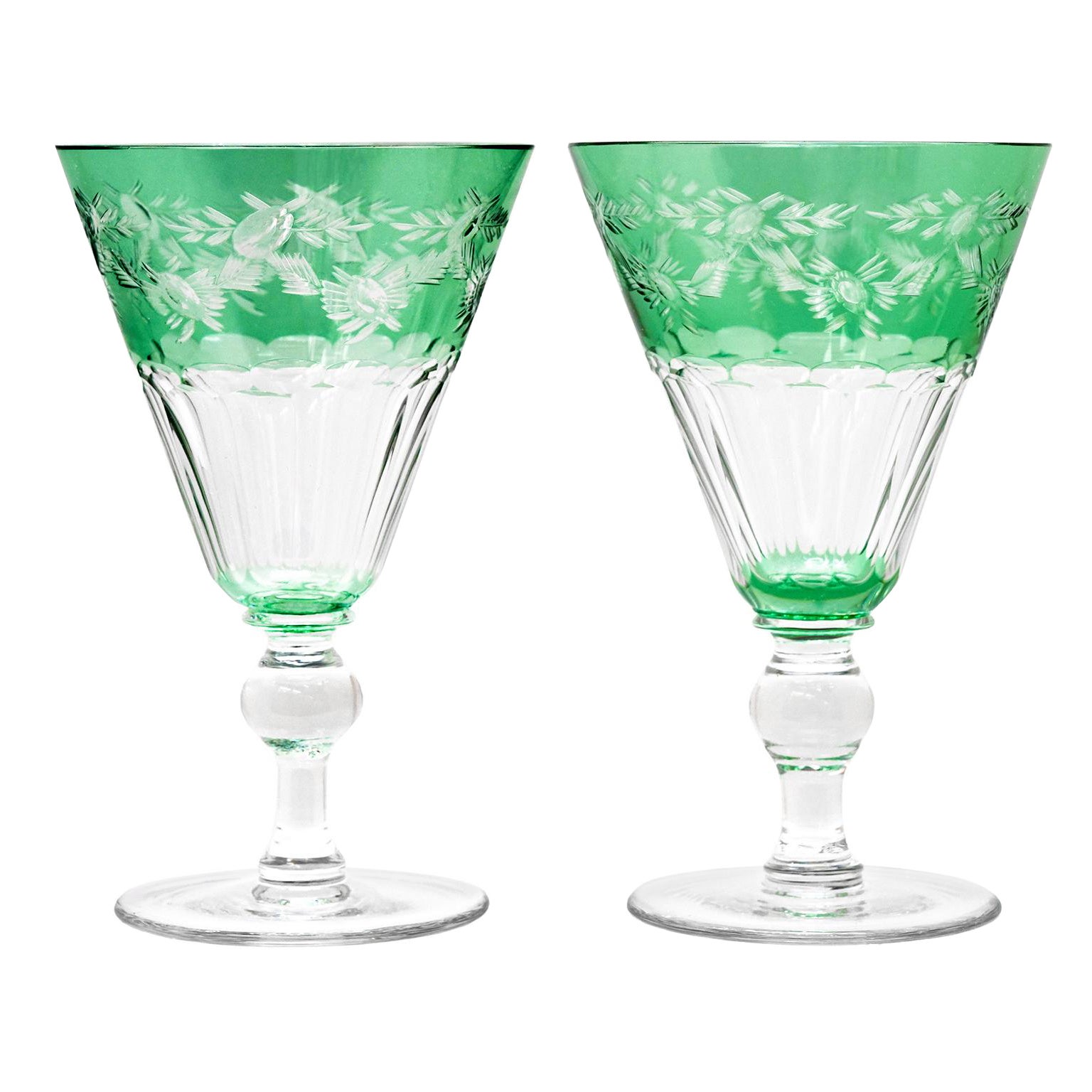 16 Green Cut Crystal Water Goblets by Sinclaire For Sale