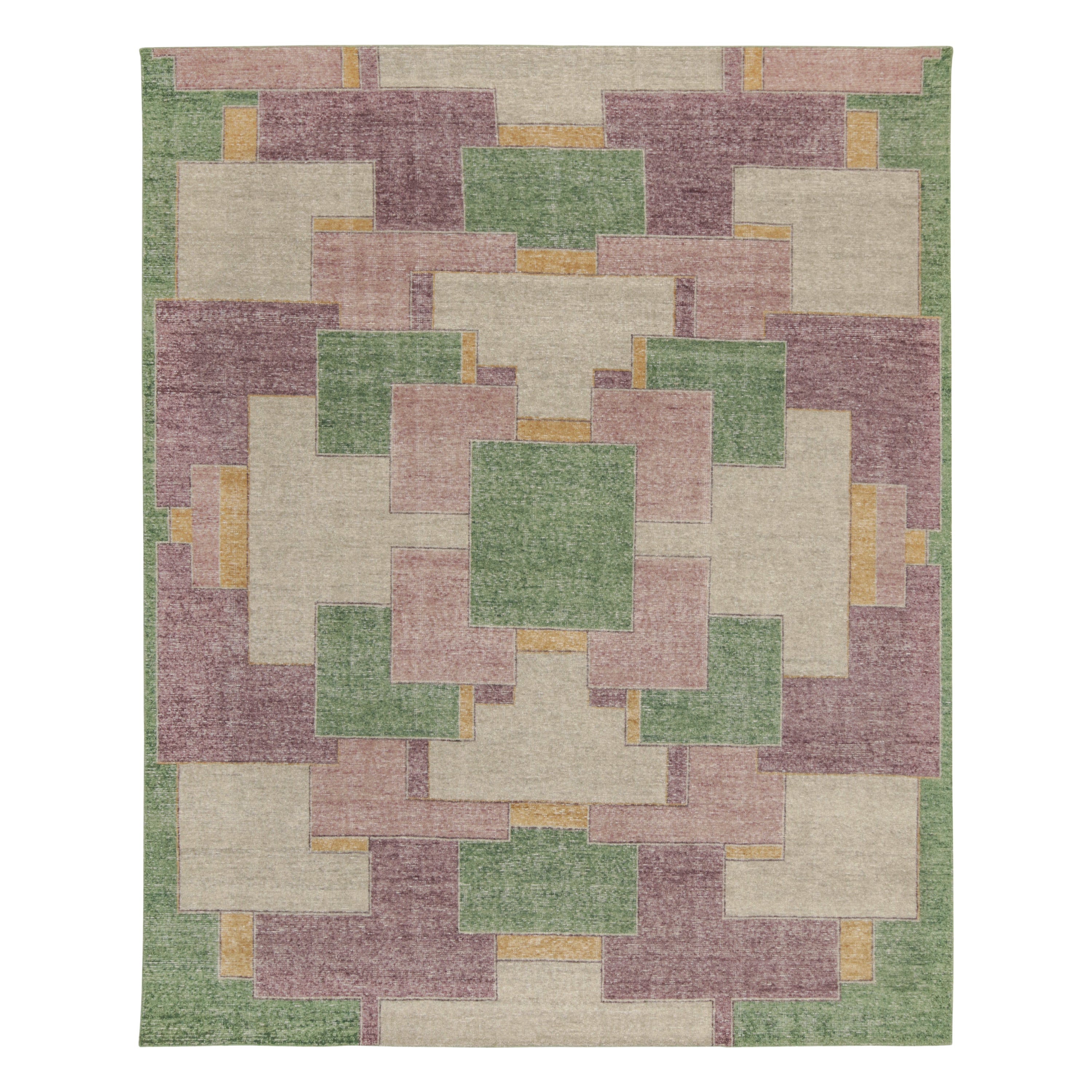 Rug & Kilim’s Distressed Style Deco Rug in Purple and Green Geometric Pattern For Sale