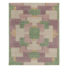 Rug & Kilim’s Distressed Style Deco Rug in Purple and Green Geometric Pattern