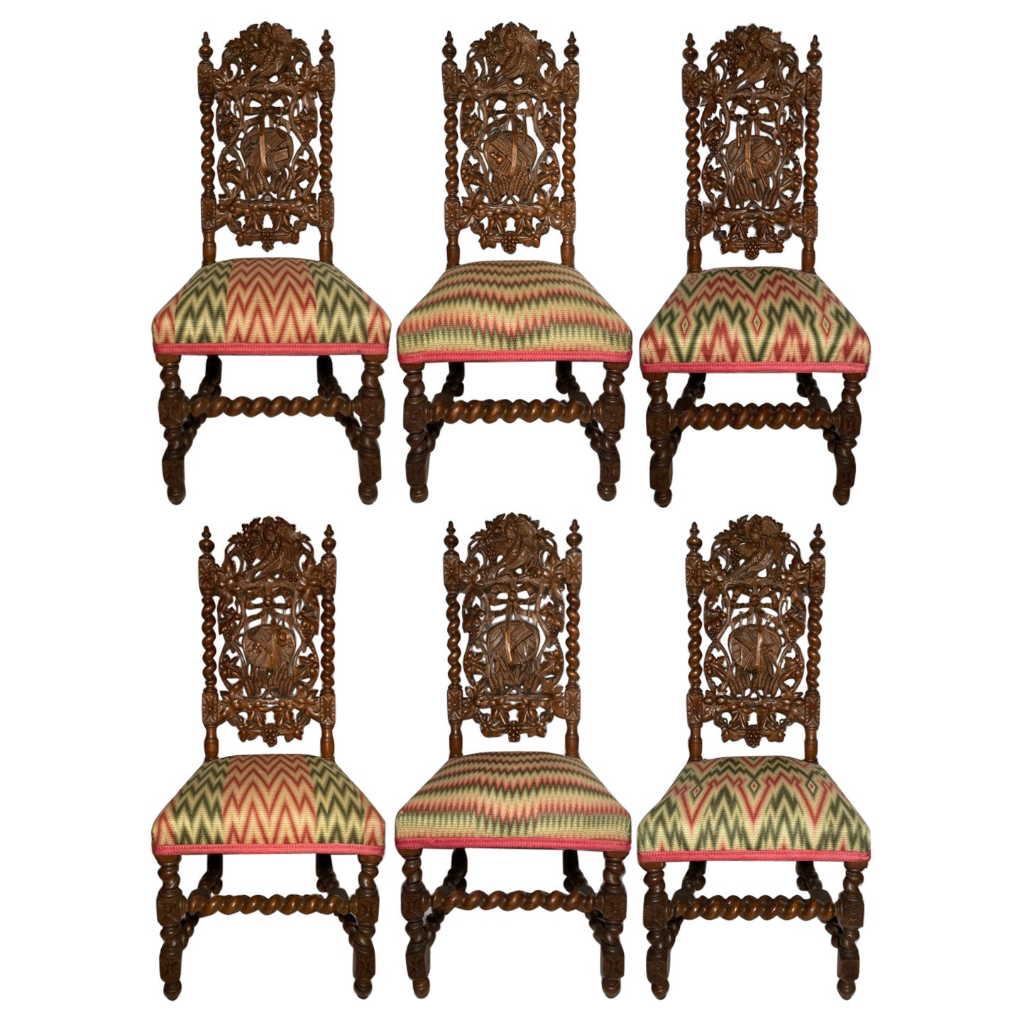 Set of 6 Antique English Carved Oak Dining Chairs, Circa 1880