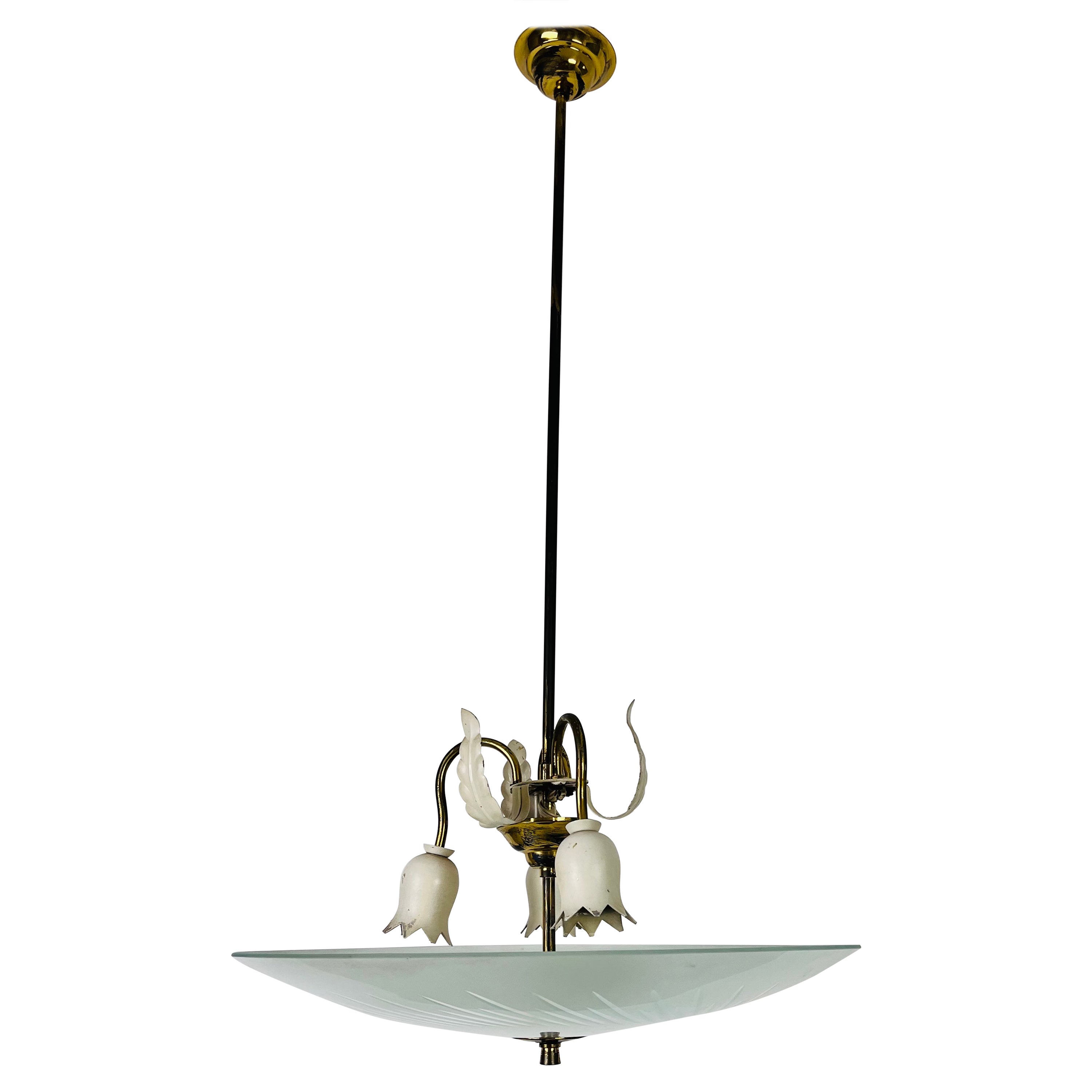 Italian Brass and Glass Chandelier in the Style of Pietro Chiesa, 1950s For Sale