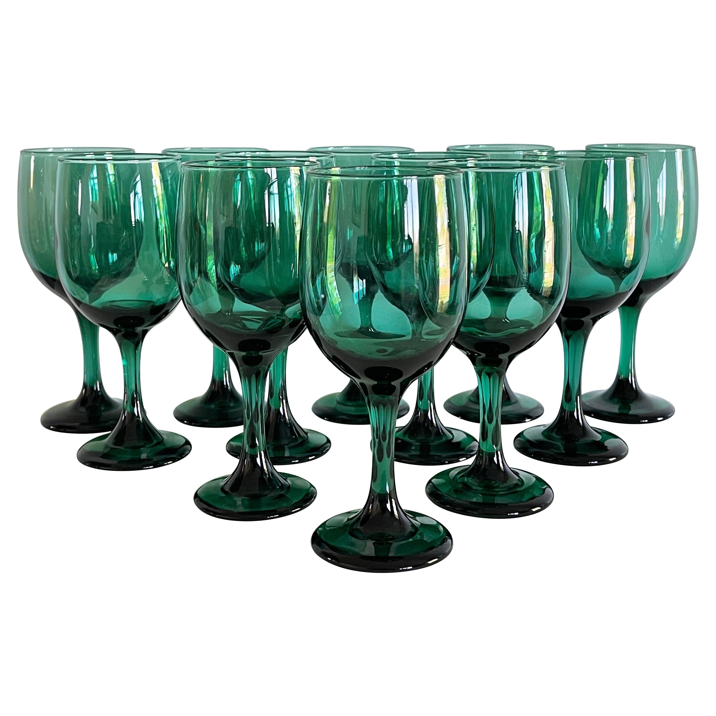 1970s Green Glass Wine Stems, Set of 12