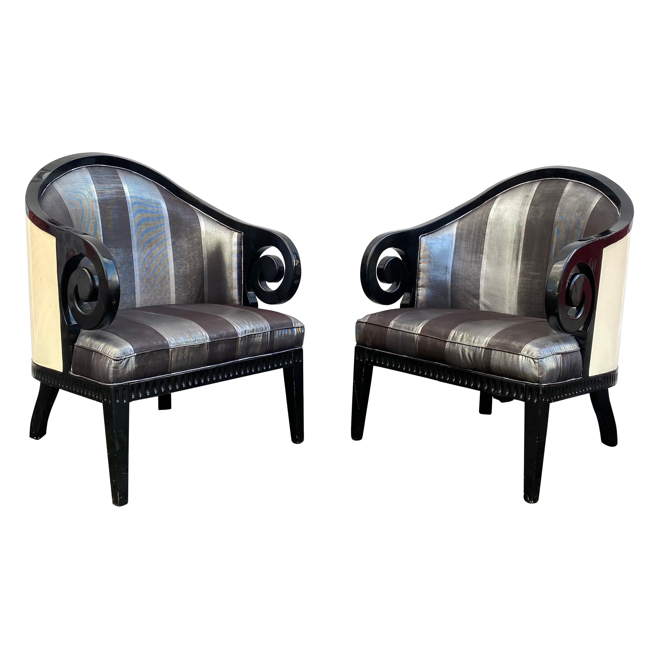 1970s Karl Springer Style Faux Goatskin Sculptural Barrel Chairs, Set of 2