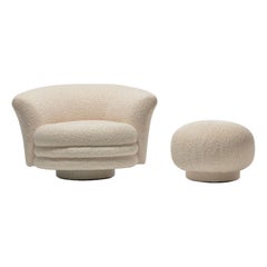Adrian Pearsall Post Modern Swivel Chair and Ottoman in Ivory White Bouclé