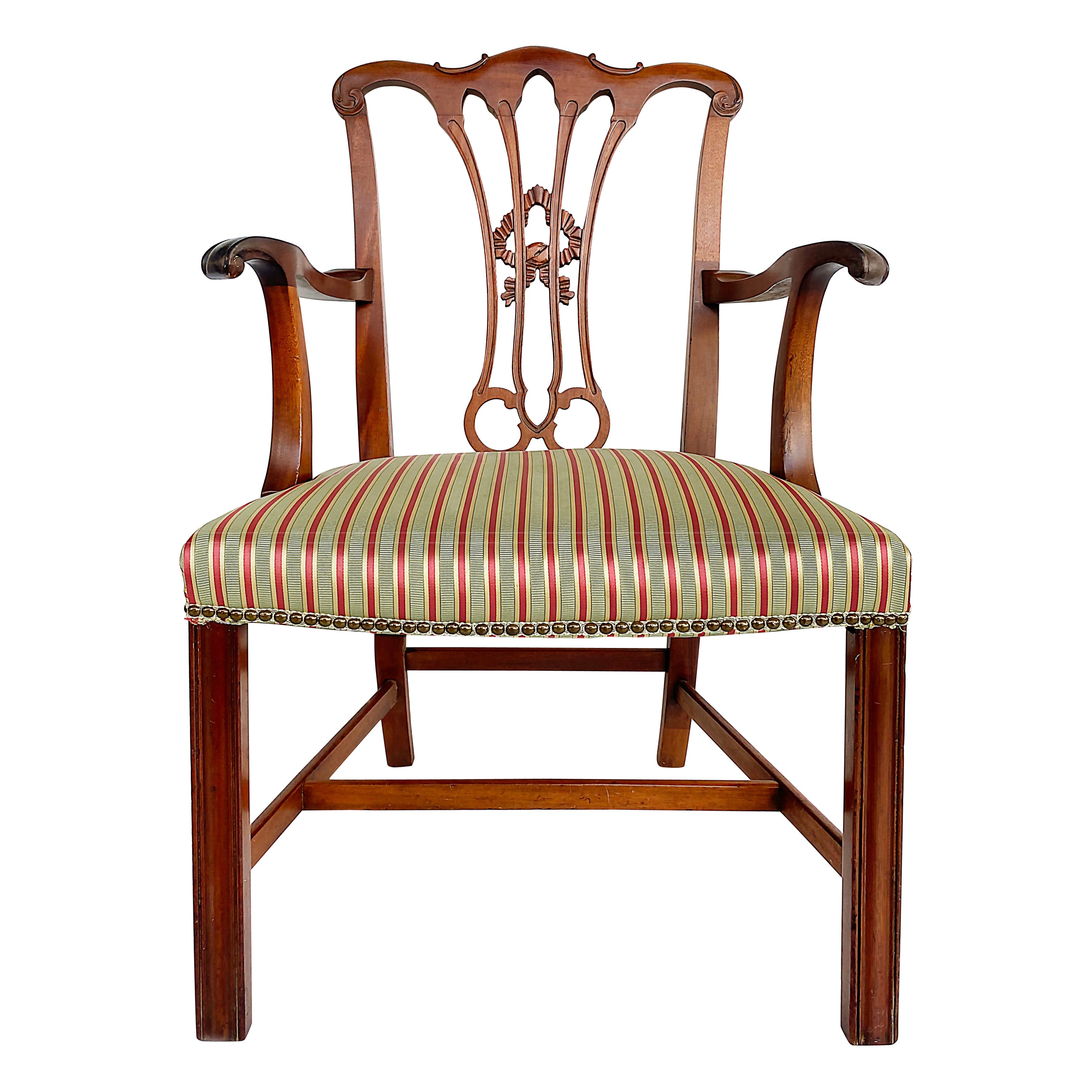 Chippendale Style Mahogany Slat Back Armchair with Upholstered Seat Cushion For Sale