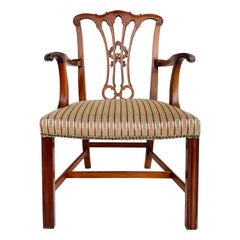 Retro Chippendale Style Mahogany Slat Back Armchair with Upholstered Seat Cushion