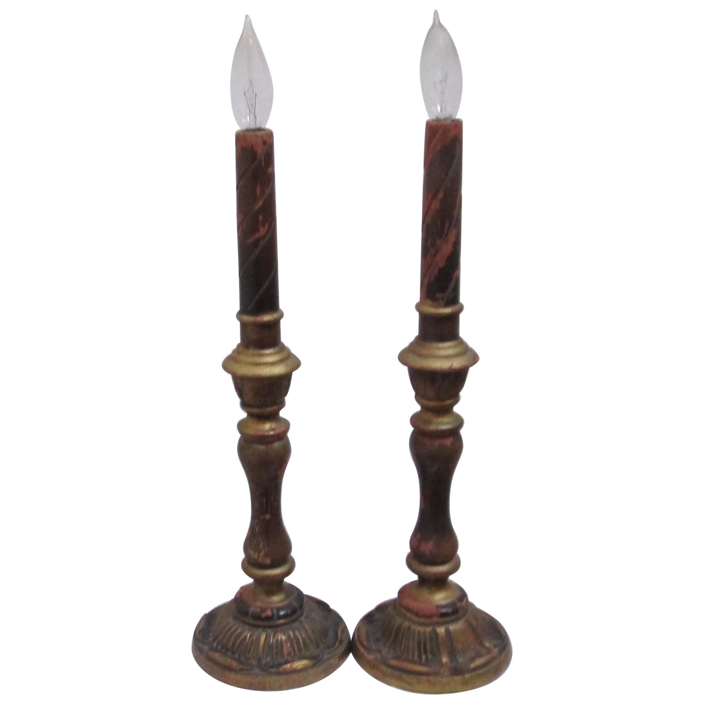 19th Century Italian Gilt Wooden Candlestick Converted Lamps For Sale