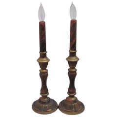 19th Century Italian Gilt Wooden Candlestick Converted Lamps