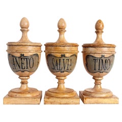 Groupe de 9 pots à pharmacie en bois de style Herbalist, Italie, 1870
