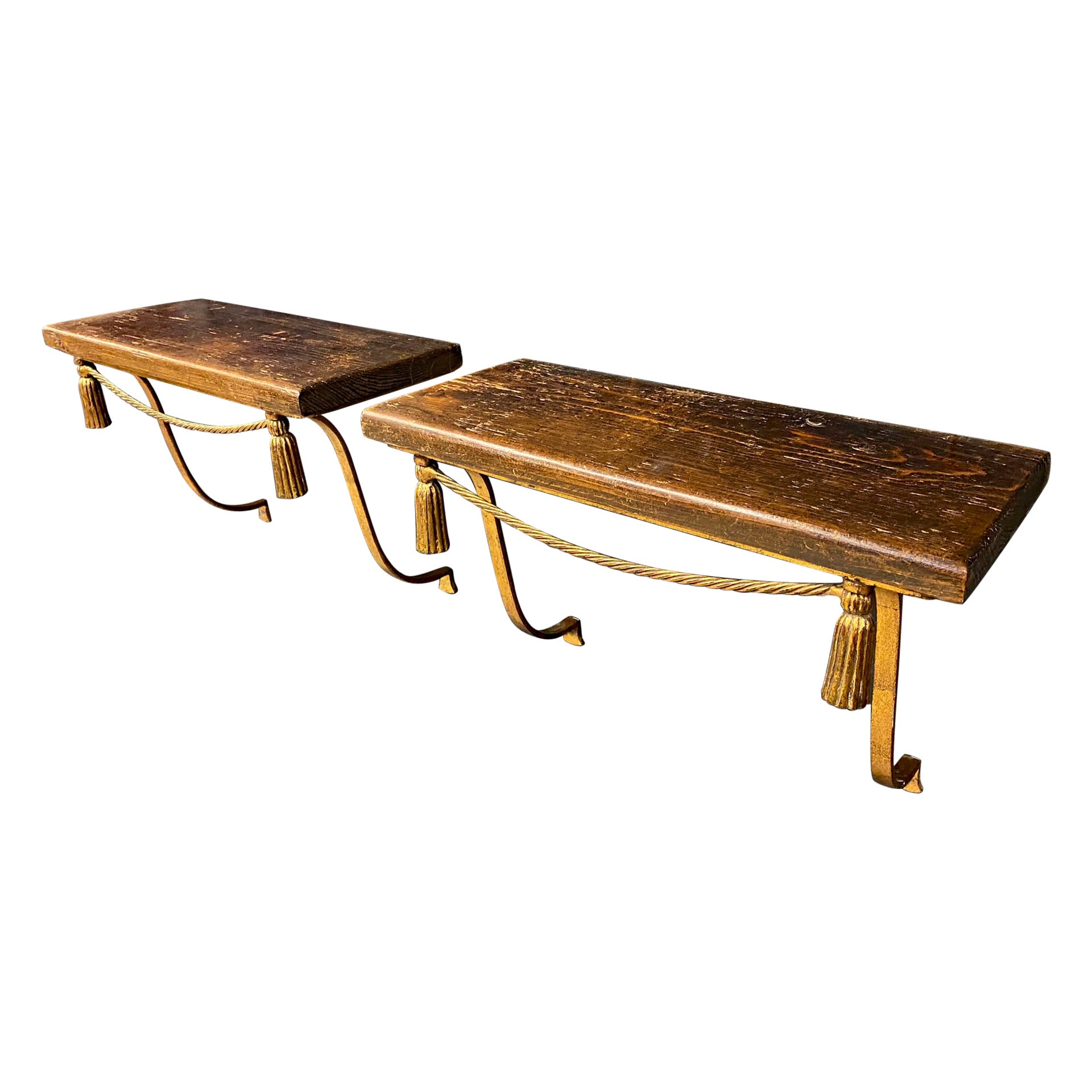 Pair of Twisted Lacquered Iron Wall Consoles circa 1950 Patinated Pine Top For Sale