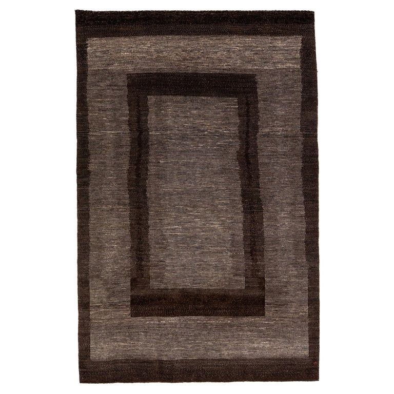 Modern Shouli Gabbeh Gray and Brown Handmade Persian Wool Rug For Sale