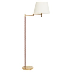 Mid-Century Brass and Brown Leather Reading Floor Lamp