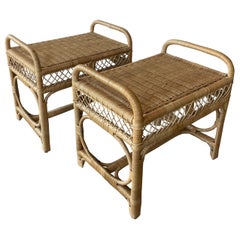 Vintage Pair of Wicker Rattan Benches End of Bed Stools 