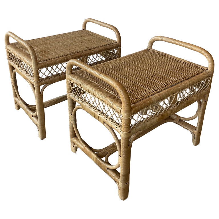 Vintage Pair of Wicker Rattan Benches End of Bed Stools For Sale at 1stDibs