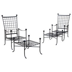 Pair of French Garden Lounge Chairs with Ottoman Black Painted Metal