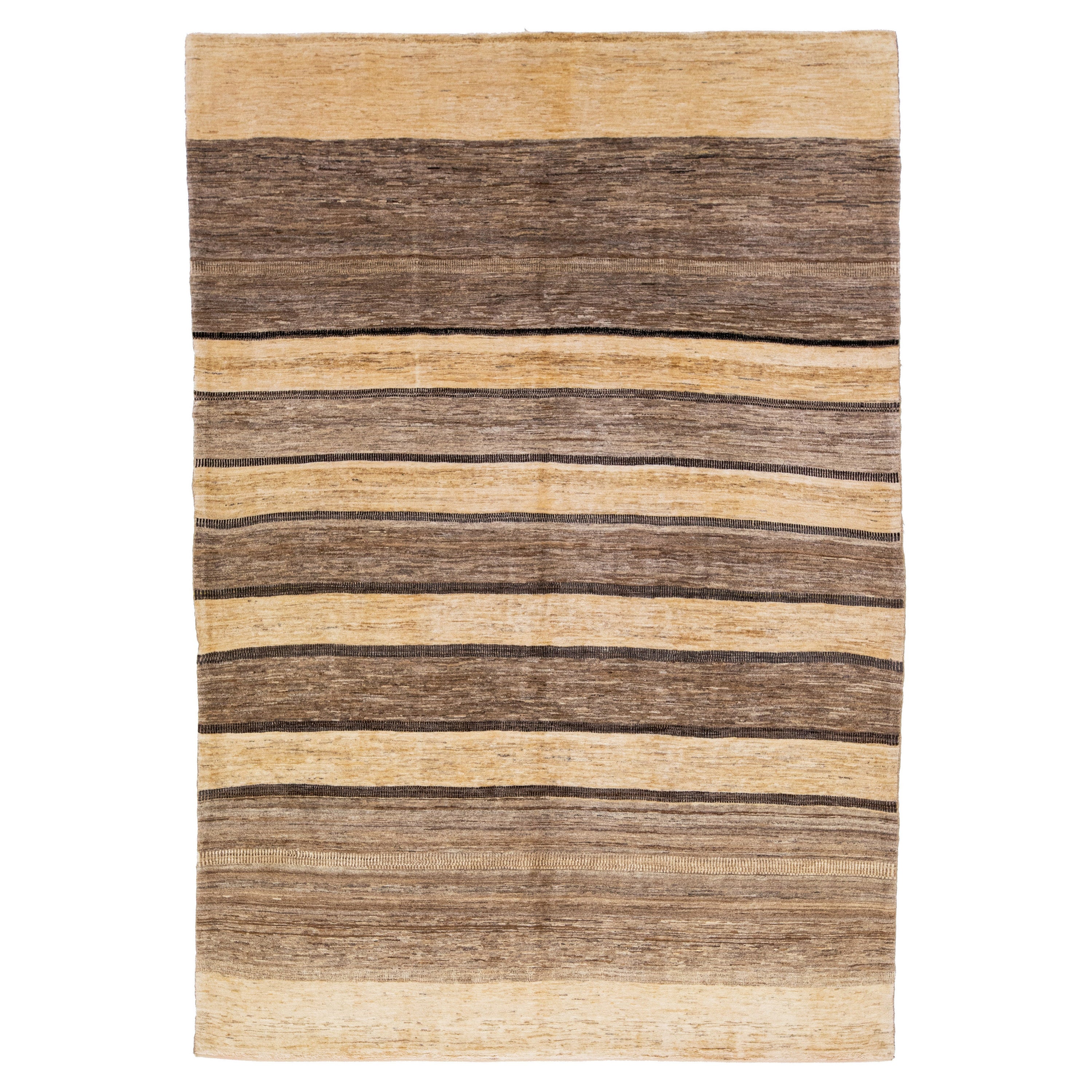 Tapis moderne en laine persane Shouli Gabbeh marron fait à la main avec motif de rayures