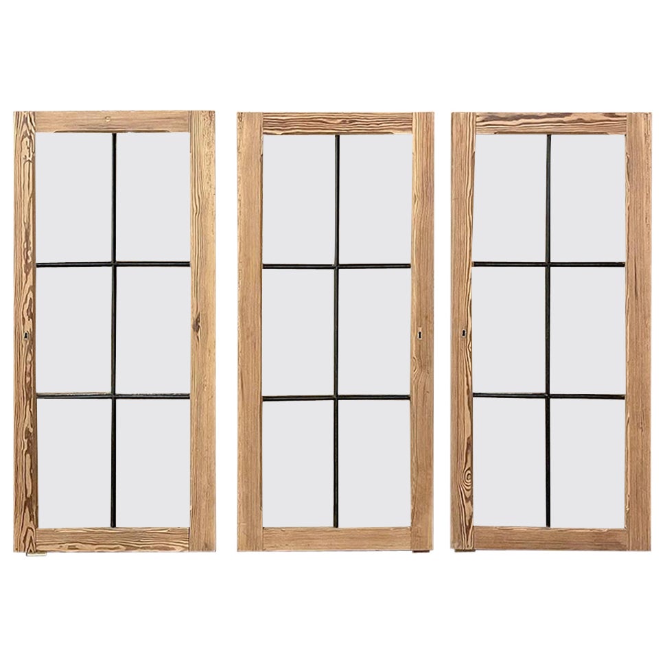 Set of 3 Antique Solid Pine Windows with Hand-Rolled Glass