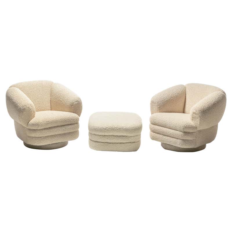 Post Modern Ivory White Bouclé Clam Shell Swivel Lounge Chairs For Sale ...