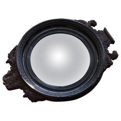 Antique Late 19th Early 20th Century Gothic Ebonised Foxed Oxidised Convex Mirror
