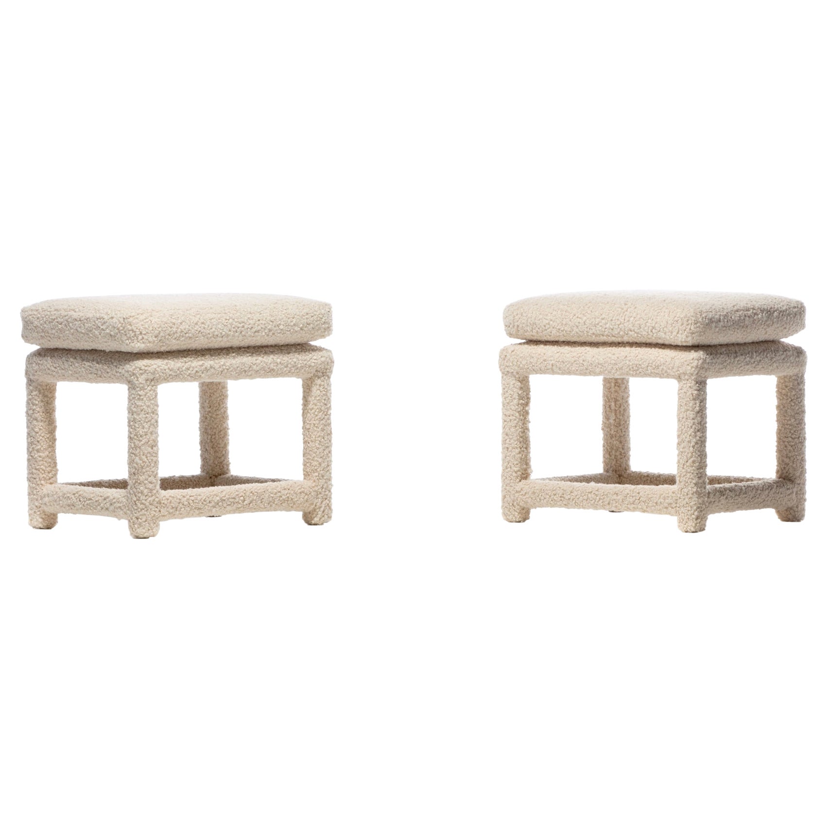 Milo Baughman Style Pair of Parsons Ottomans Benches in Ivory Bouclé