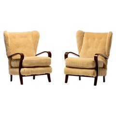 Retro Italian Mid Century Wingback Chairs in Hand Sewn Champagne Shearling c. 1960