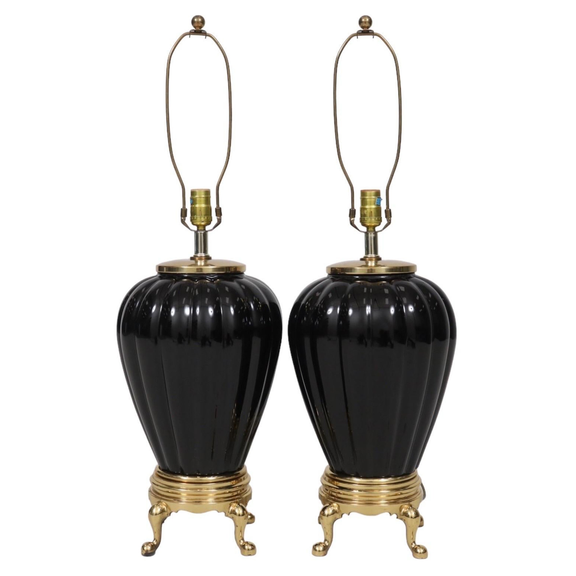 Black Ribbed Ceramic Table Lamps, Pair