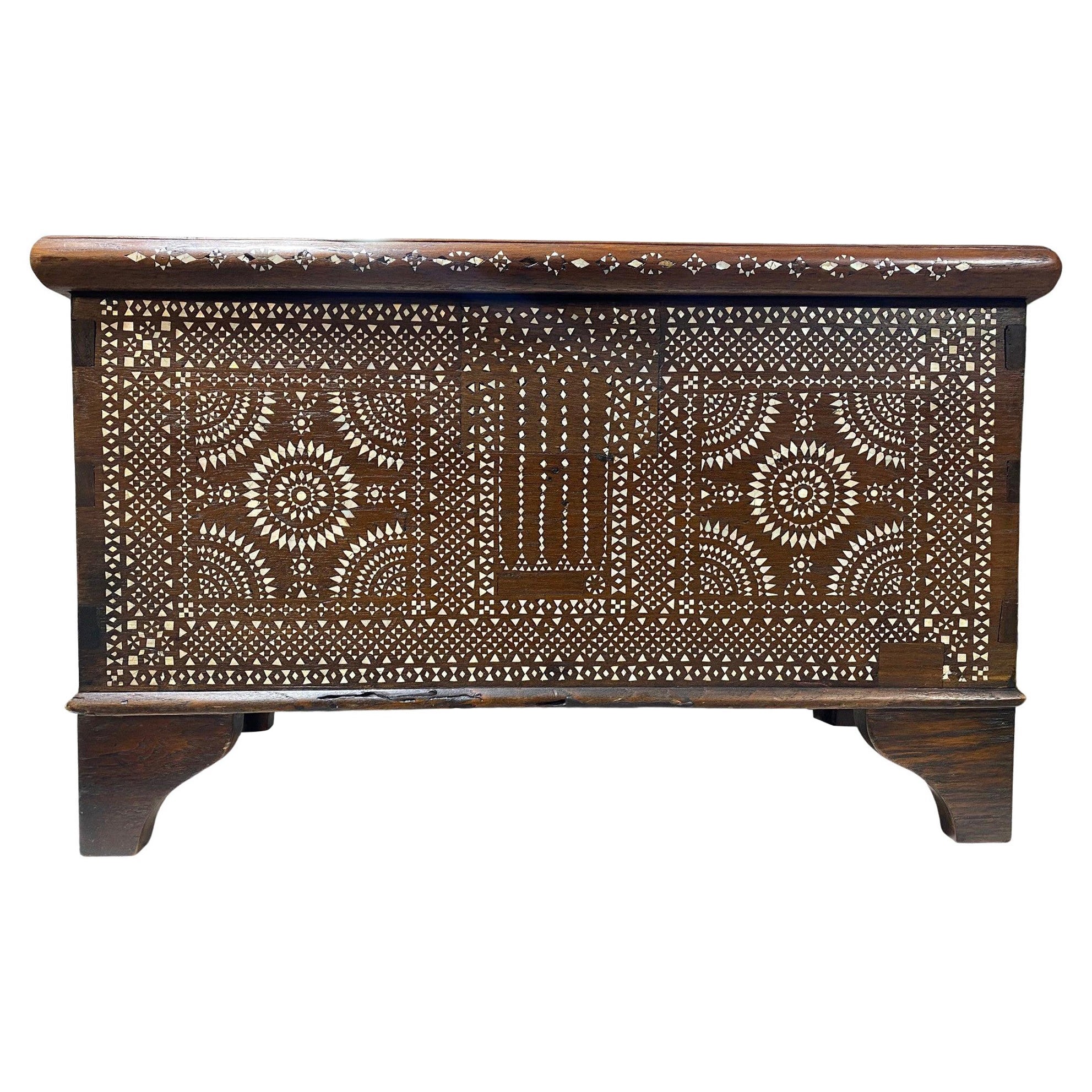 Beautiful Moorish Syrian or Asian Inlaid Inlay Wood Box Storage Chest Trunk For Sale