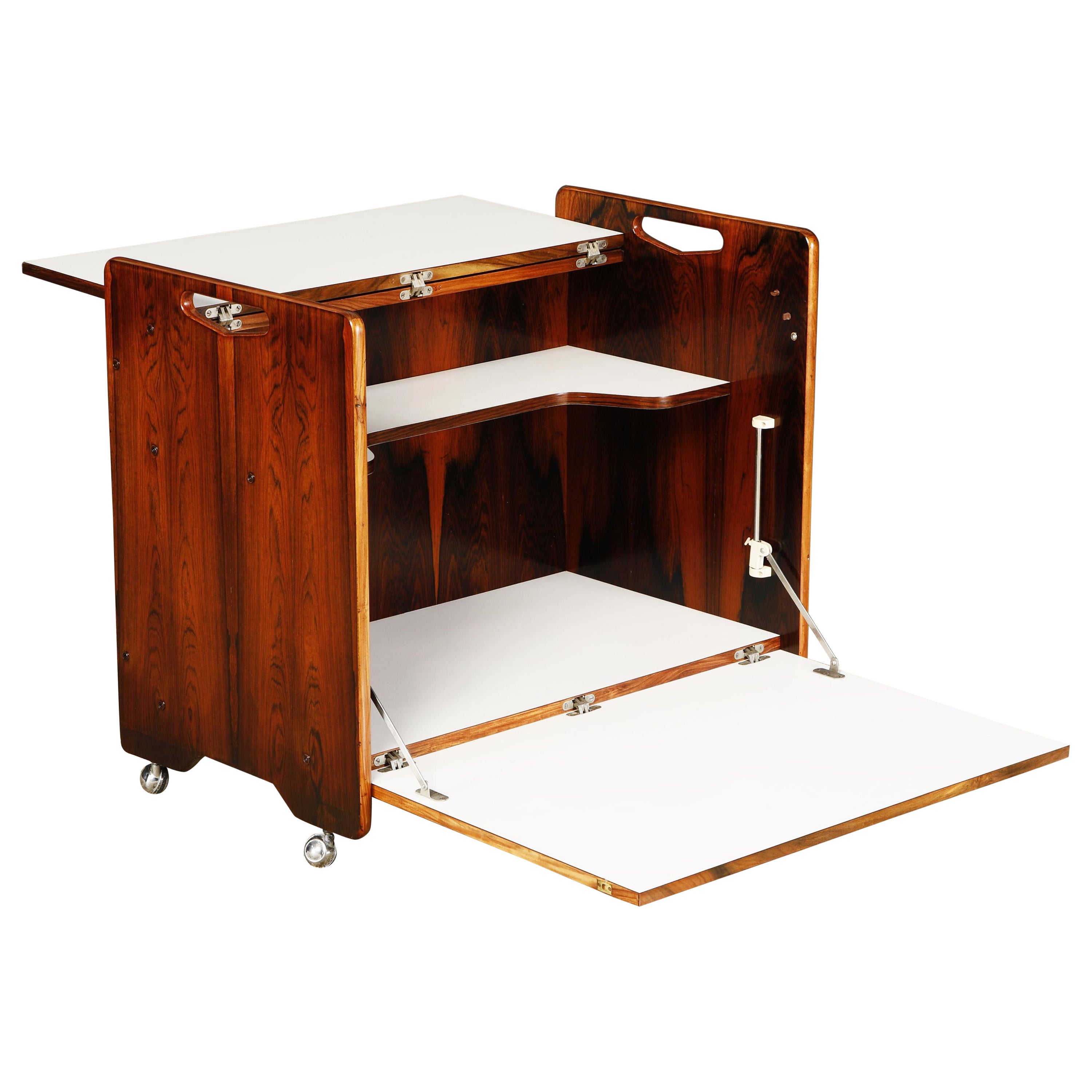 Sergio Rodrigues Brazilian Rosewood Convertible Bar Cart, c 1960s Brazil For Sale