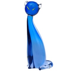 Livio Seguso Murano Sommerso Blue Italian Art Glass Kitty Cat Figure Sculpture