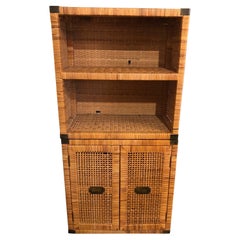 Vintage Organic Modern Rattan Two Piece Bookshelf Cabinet