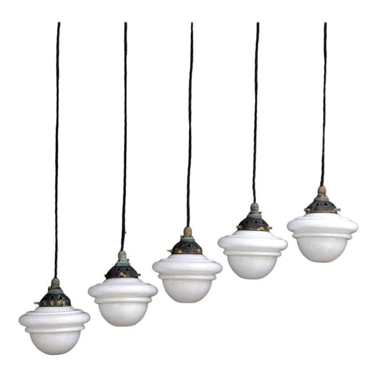 Early 20th Century English Opaline and Brass Pendant Lights For Sale at