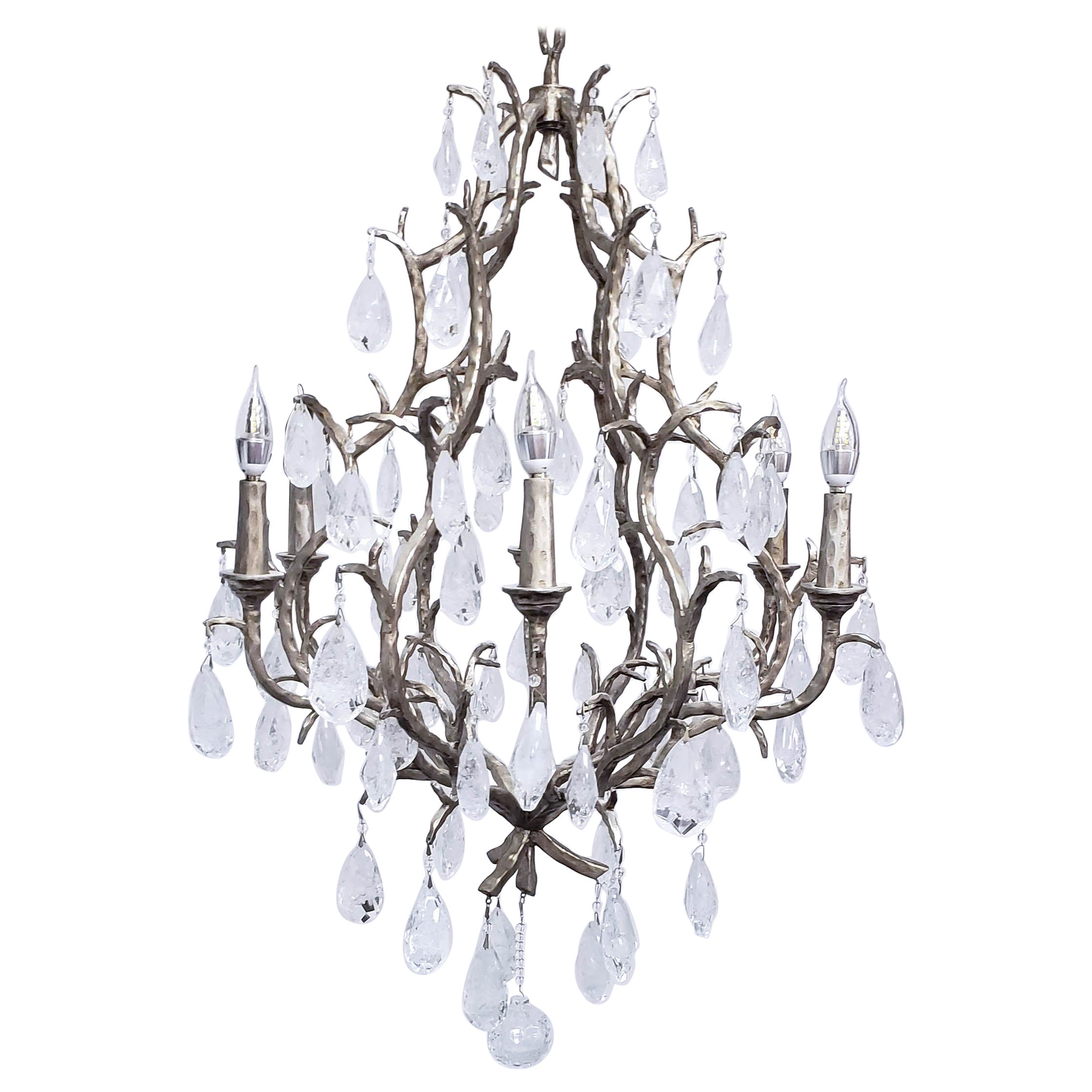 Rock Crystal 6 Arm Handcrafted Iron Twig Chandelier For Sale