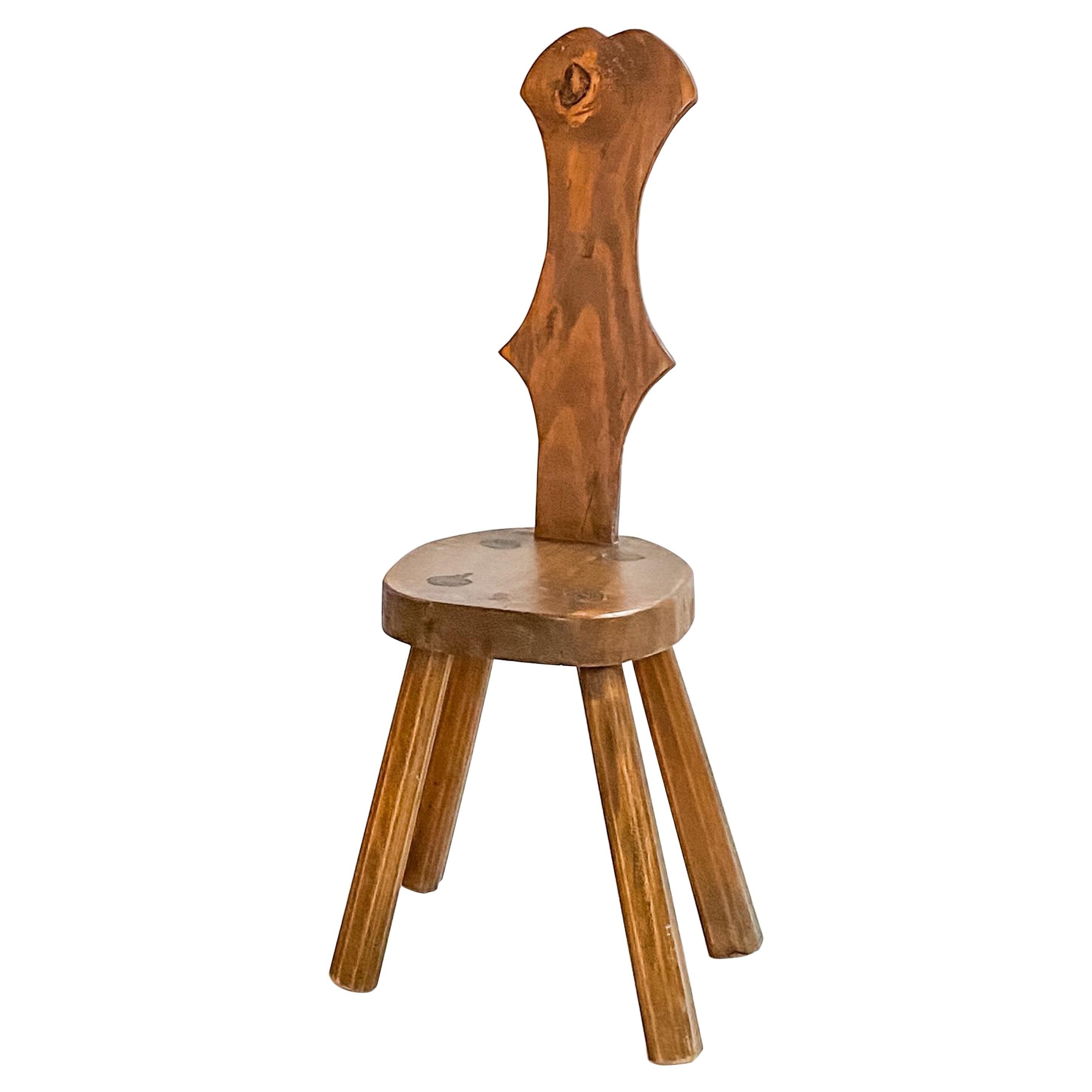 Brutalist Hand Carved Pine Stool/Chair with Violin Back, French, 1950s For Sale