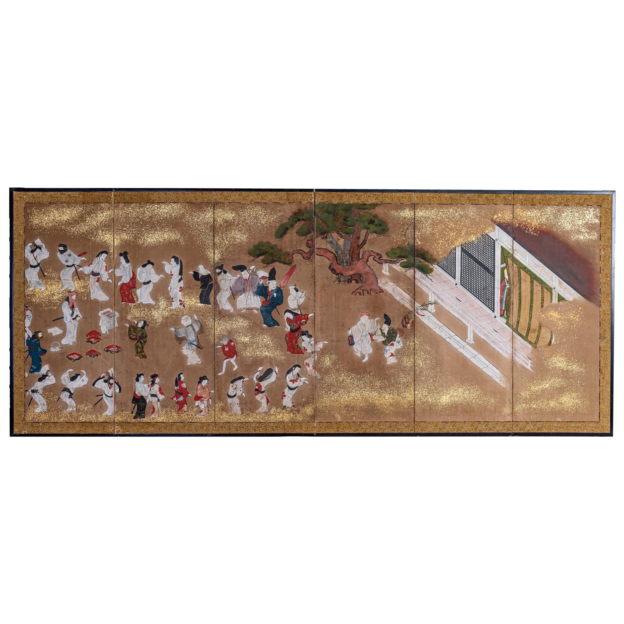 Japanese Six Panel Screen: Tosa School Painting of Theatre Scene For Sale