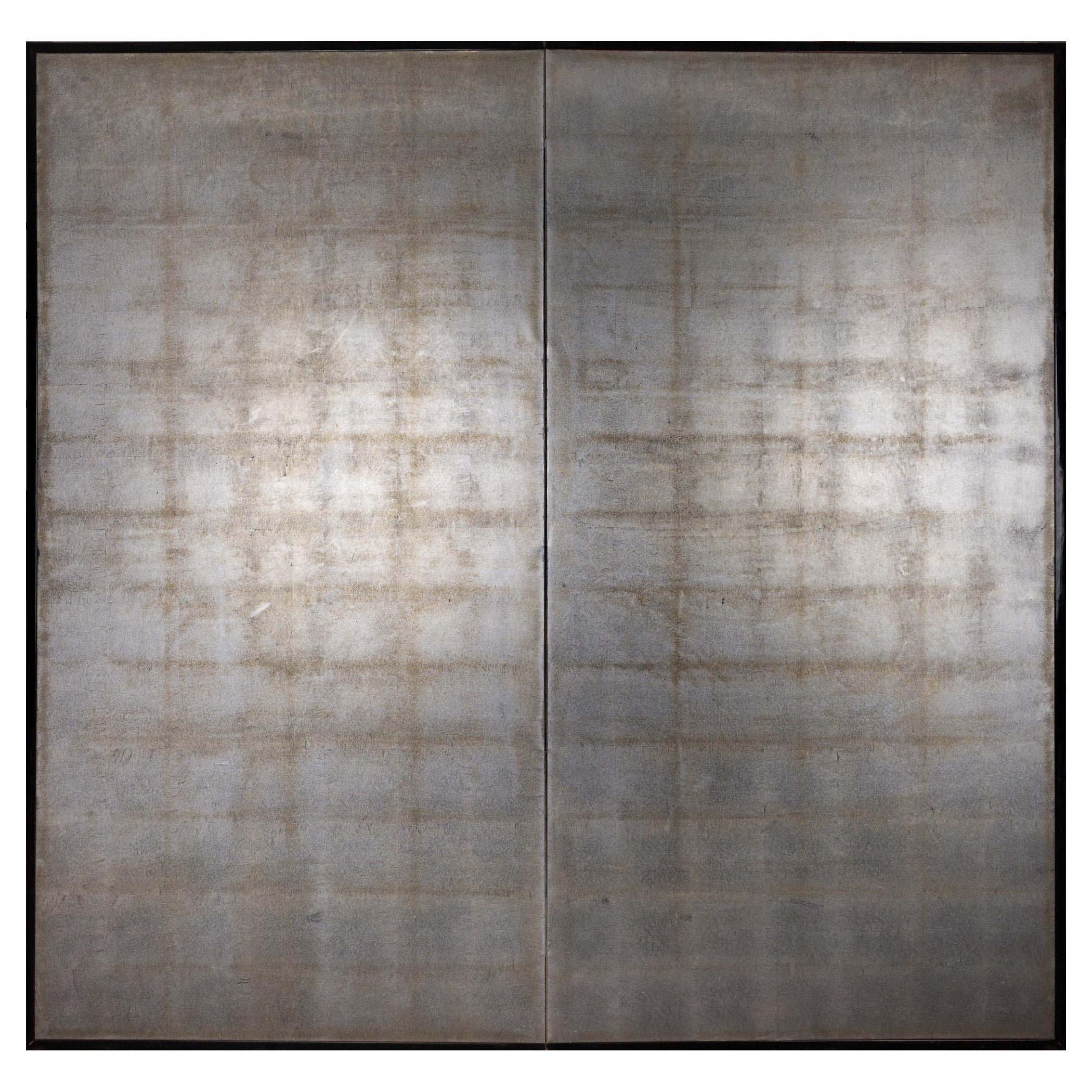 Japanese Two Panel Screen: Plain Silver Leaf on Paper