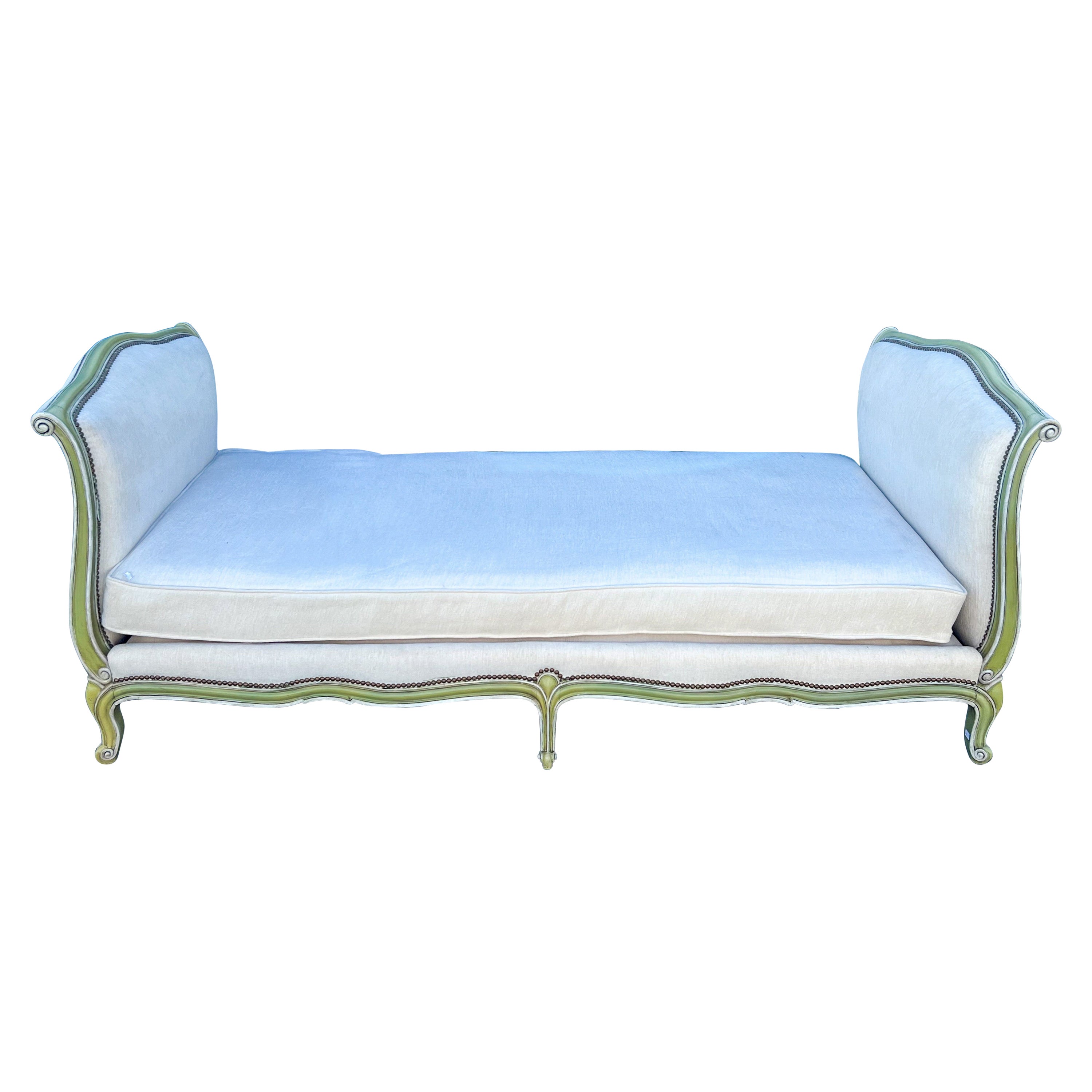 MidCentury French Style Carved Green Painted Daybed / Chaise For Sale
