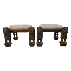 Vintage Carved Lion Benches, a Pair
