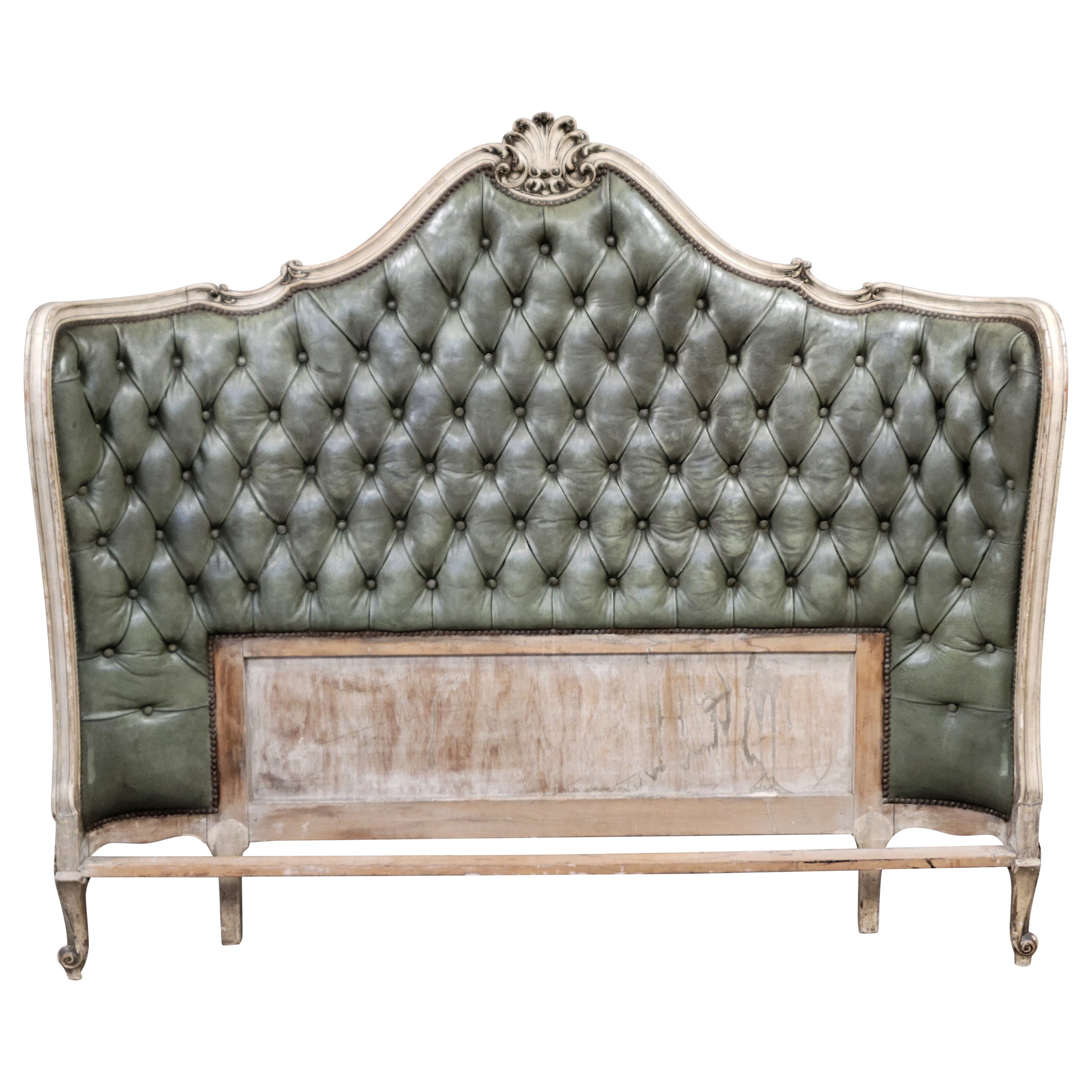 Vintage French Tufted Leather Queen or Full Size Curved Wood Frame Headboard