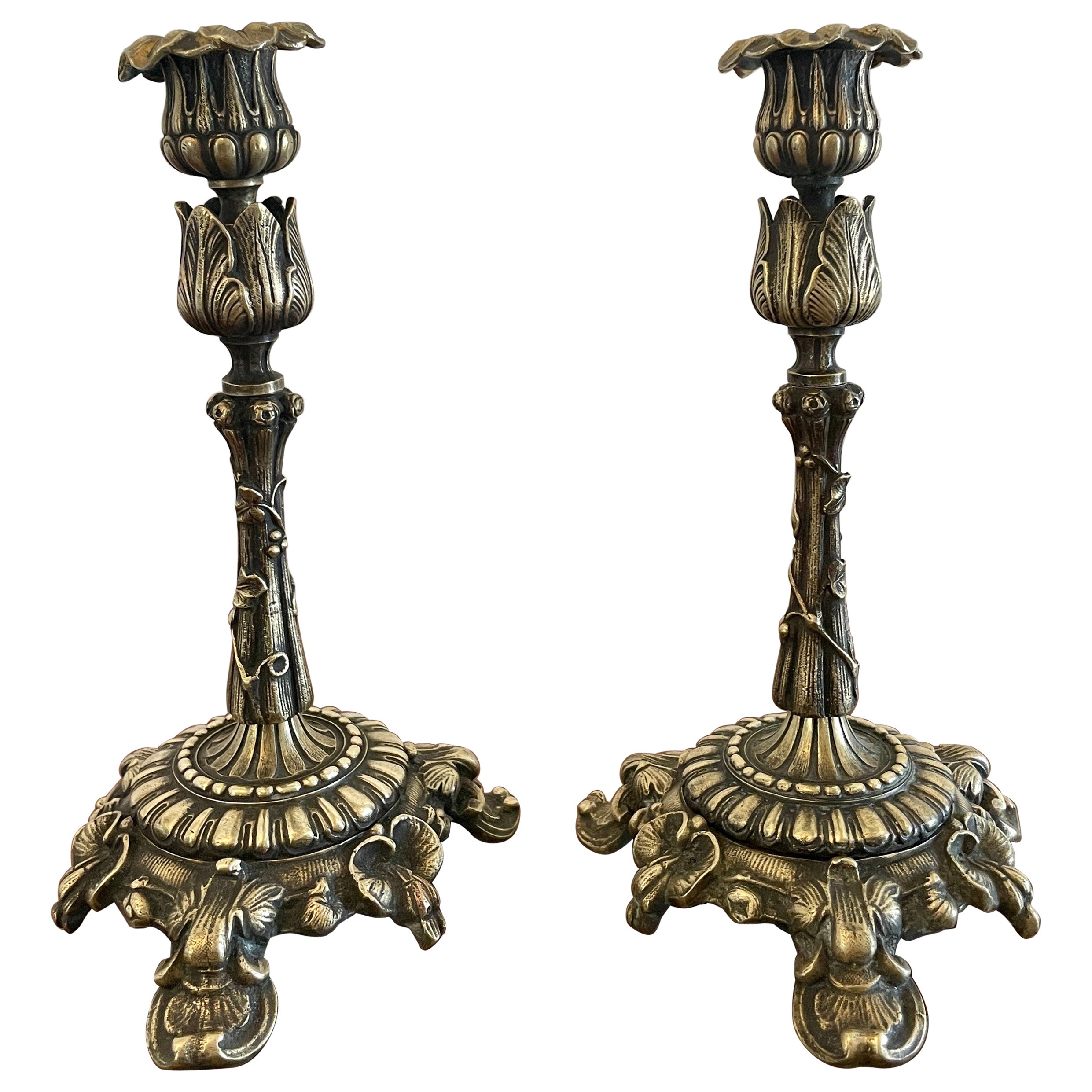 Pair of Antique Regency Quality Ornate Brass Candlesticks For Sale