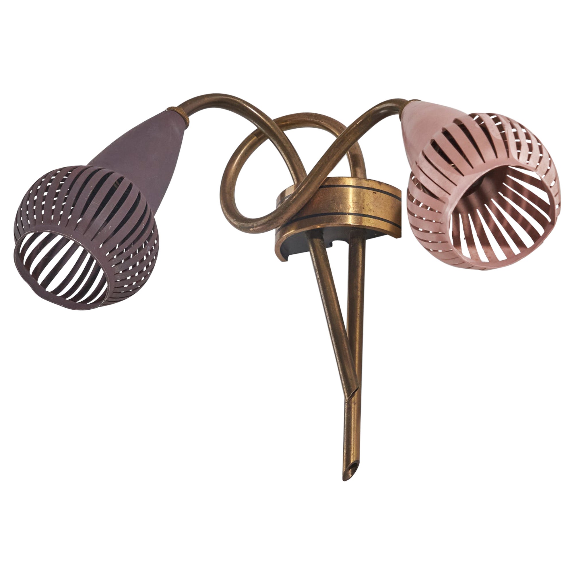 Italian Designer, Sconce, Brass, Purple, Pink Lacquered Metal, Italy, 1950s For Sale