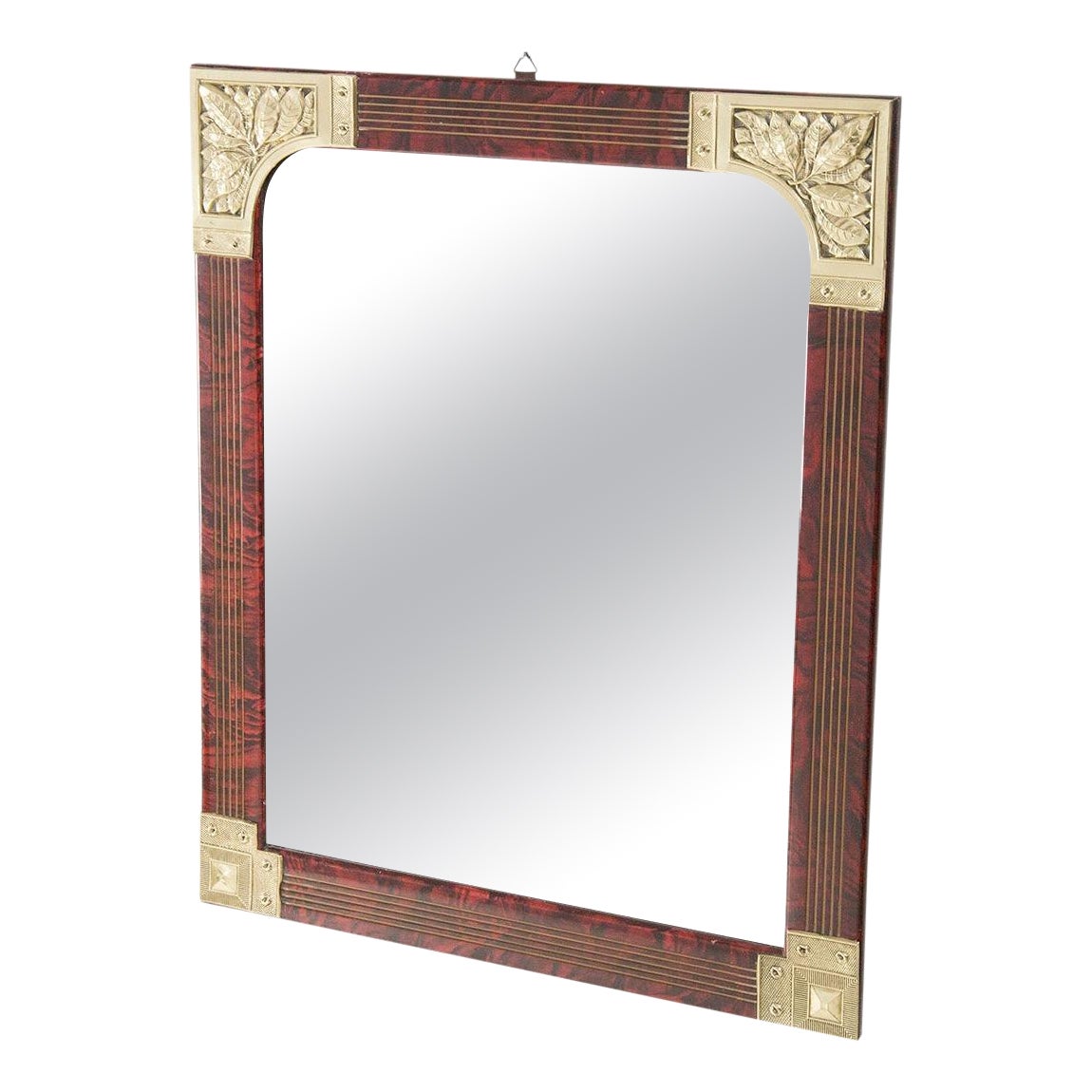 Antique Wall Mirror in Red Wood and Decorative Plaques For Sale