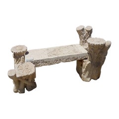 Vintage Carved Stone Bench with Faux Bois Legs, Ge-0072